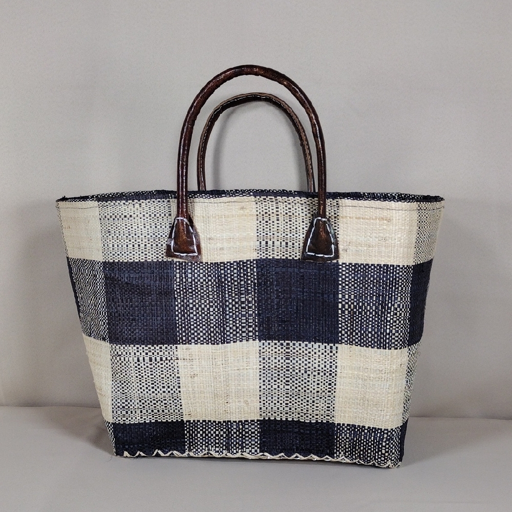Onigo Natural Fibers Casual Stylish Black Cream Checkered Tote Basket Bag Purse